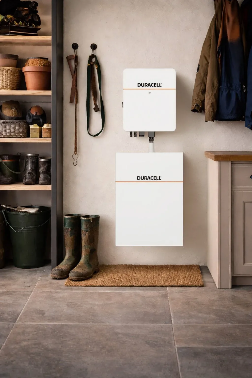 A Dura5 installed in a boot room beside wellies and a coat rack